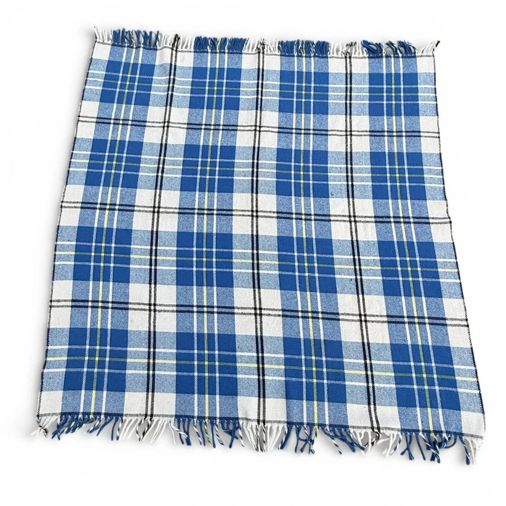 Vintage Tartan Plaid Fringe Throw Blanket Blue White 52x60